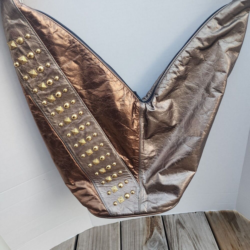 Vintage Gold Studded Metallic Brown & Bronze Slouch Hobo Purse Glam Rock Funky